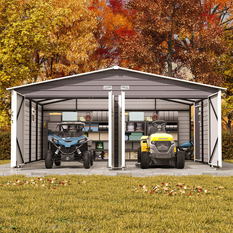 20 X 20 Ft Heavy Duty Carport, Galvanized Steel Frame Car Shelter, Enclosed Storage Shed For Cars & Trucks, Grey