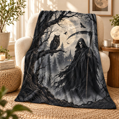 Moonlit Cloaked Skeleton Blanket with Owl, Full Moon and Forest, Charcoal Flannel Throw for Couch, Bed, Reading, Travel and Moonlit Forest Styling, 60 x 80 in