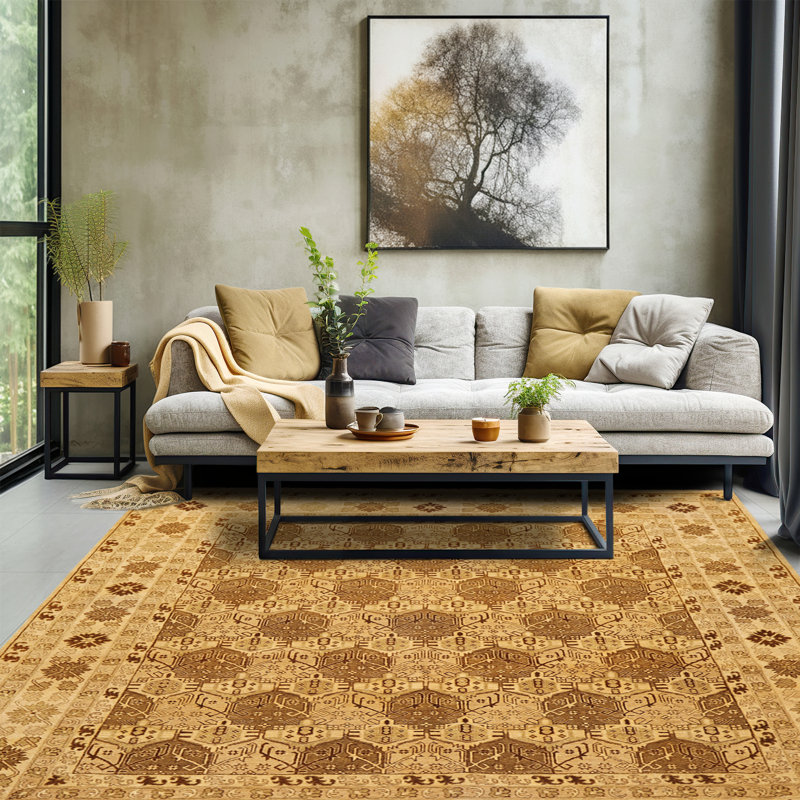 Tapis Agra transitionnel en laine, noué à la main, couleur or et beige, 2,36 m x 3,07 m