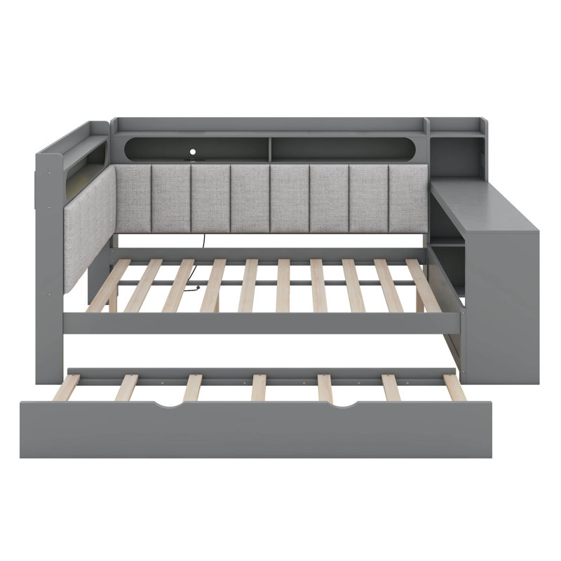 Full Size Wood Daybed With Storage Shelves & Trundle, Charging Station & LED Light, Desk & Upholstered Headboard And Backrest