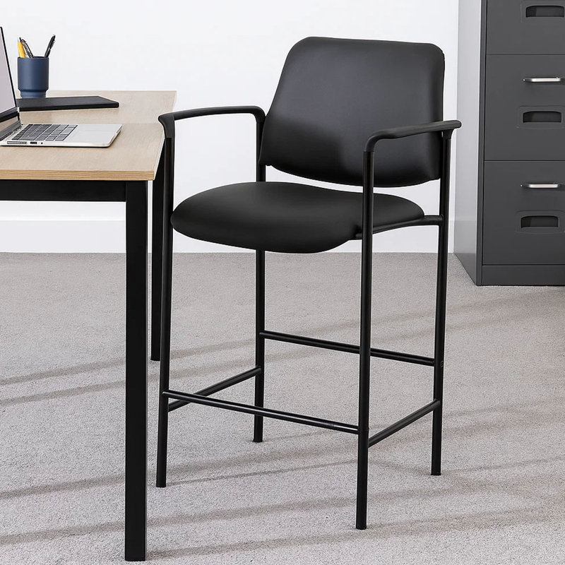 Counter Stool Chair With Black Vinyl Seat & Back, Square Metal Base