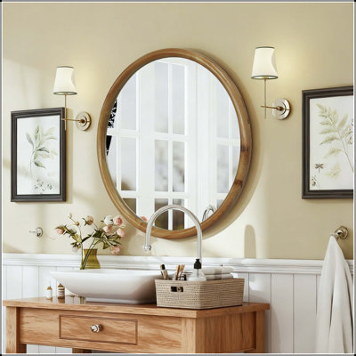Round Wood Framed Wall Mirror in Natural Wood (35.43 inch)