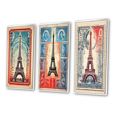 «Retro Stamp Illustration Paris Eiffel Tower», 3 pièces sur toile