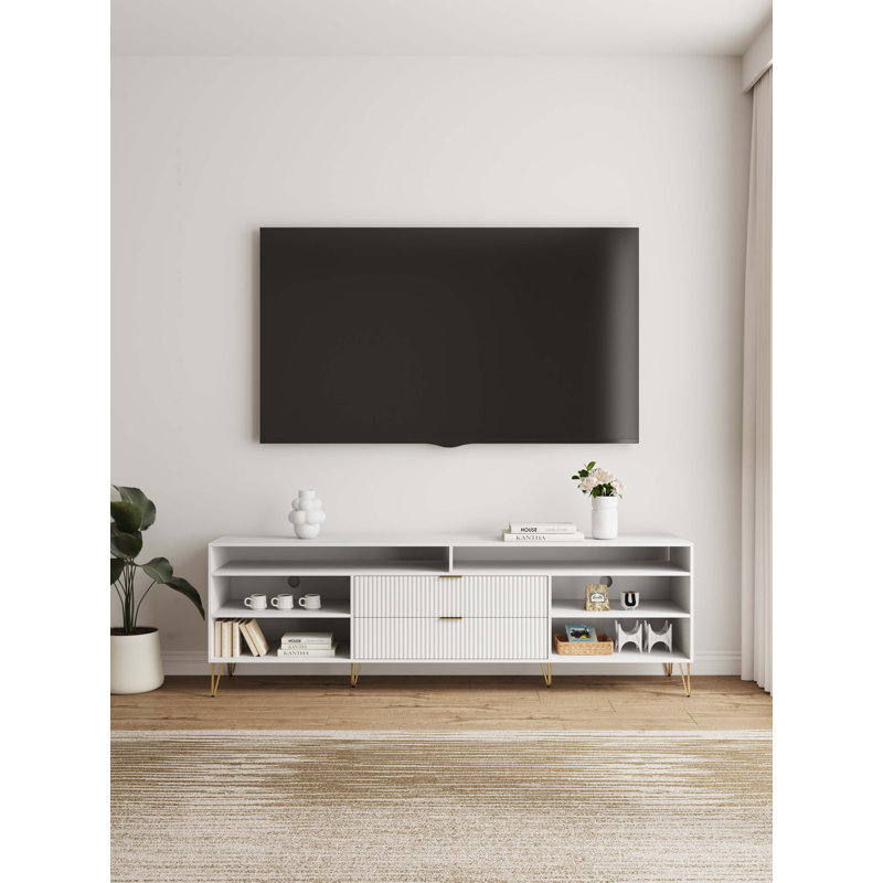 DUMBO 85" Mid-Century Modern TV Stand with 6 Shelves and 2 Drawers, White