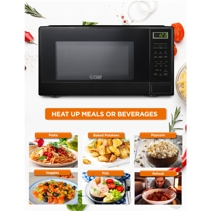 COMMERCIAL CHEF 1.1 Cu Ft Microwave with 10 Power Levels, Small Microwave with Push Button, Black