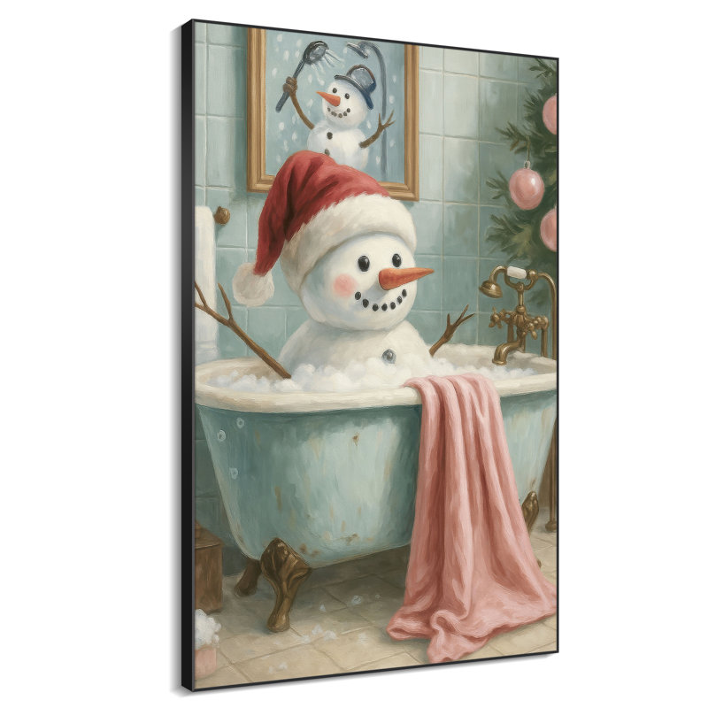 Très grande reproduction d'art sur tissu - Décoration de chambre à coucher fantaisiste bonhomme de neige sarcelle - «Assemblage requis (cadre non fini)»