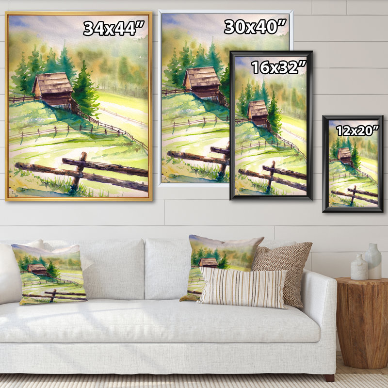 Petite maison dans les montagnes vertes - Peinture sur toile, H 44 po x l 34 po x P 1,5 po, Cadre flottant noir