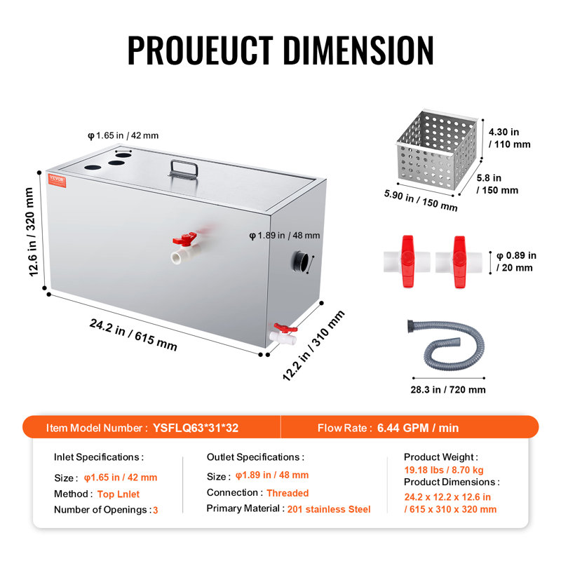 Filtre à eau en acier inoxydable pour piège à graisse commercial VEVOR 25LB