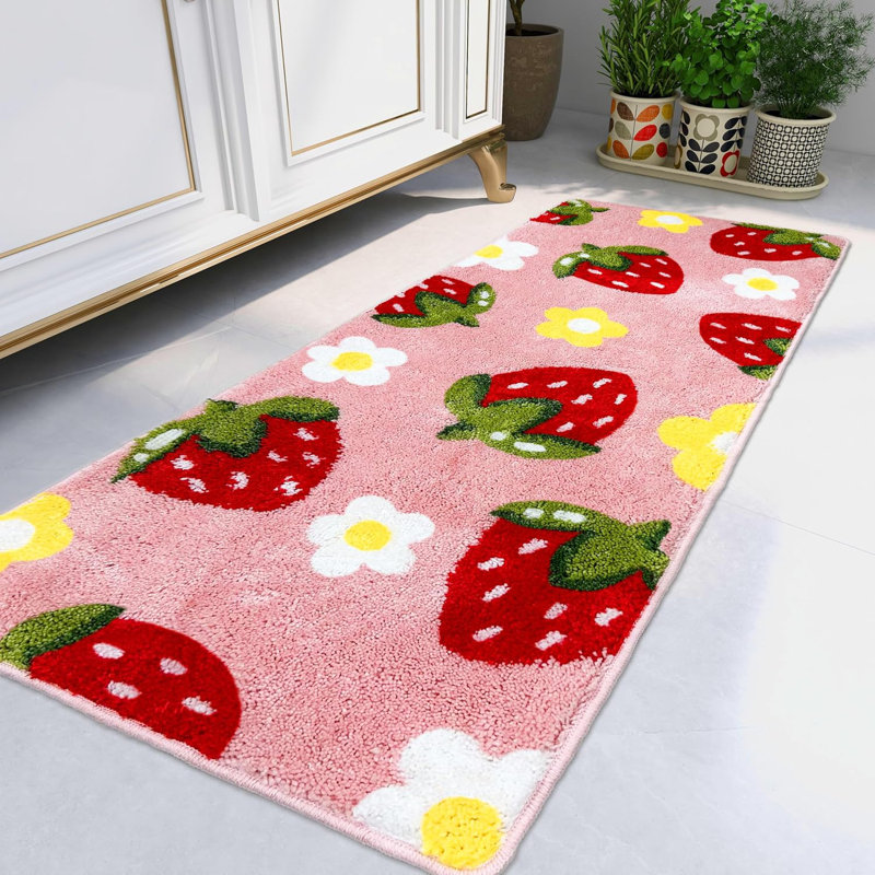 Tapis de couloir de salle de bain, joli décor de chambre à coucher, tapis de bain fraise rose, tapis de couloir en microfibre absorbant pour fleur