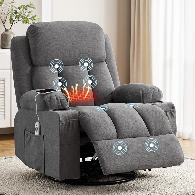 Fauteuil inclinable pivotant brun de 38 po avec massage et chaleur à 8 points, porte-gobelets, port USB, capacité de 350 lb