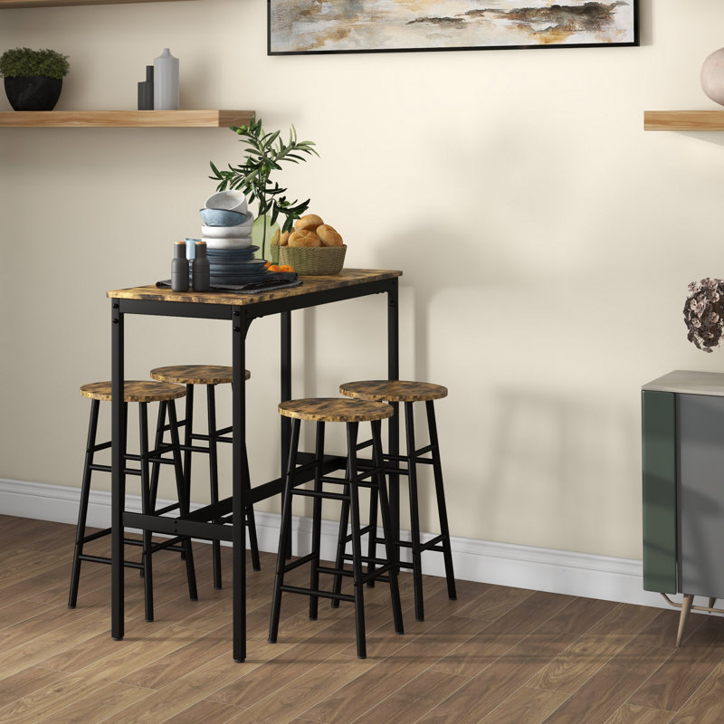 Homcom bar table set for 4, industrial high top table with bar stools, 5-piece small kitchen table and chairs for pub, dining room, rustic brown - stylish and space-saving