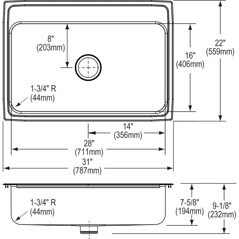 Lustertone 31" L x 22" W Drop-in Kitchen Sink with Drain Assembly and Basket Strainer, 0 hole, Design 1