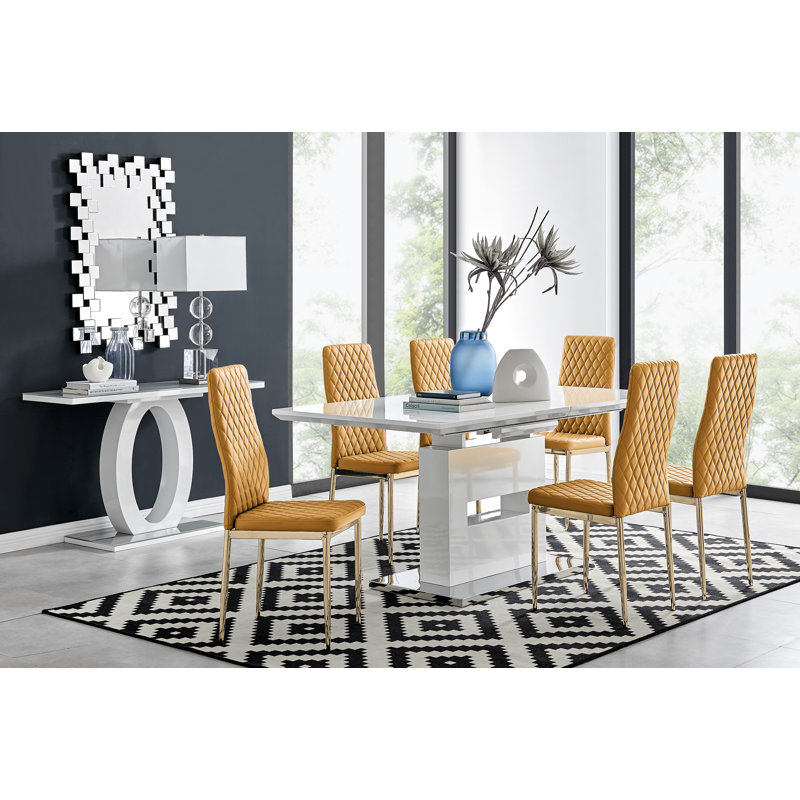 High Gloss Wood Extendable Dining Table Set with Upholstered Dining Chairs, Cappuccino/Black, 9 Pieces: Table, 8 Chairs