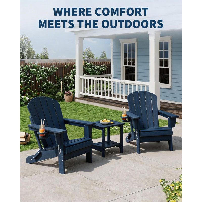 Folding Adirondack Chair Set of 2, with Cup Holder and Side Table, Navy