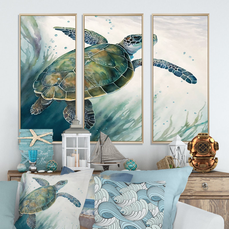 Tortue aquarelle nageant I - 3 pièces sur toile, H 28 po x l 36 po x P 1 po, Toile naturelle avec cadre flottant