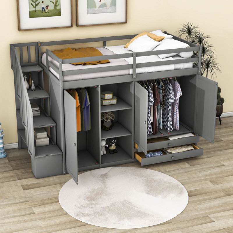 Filaretos Kids Twin Loft Bed with Drawers, Gray