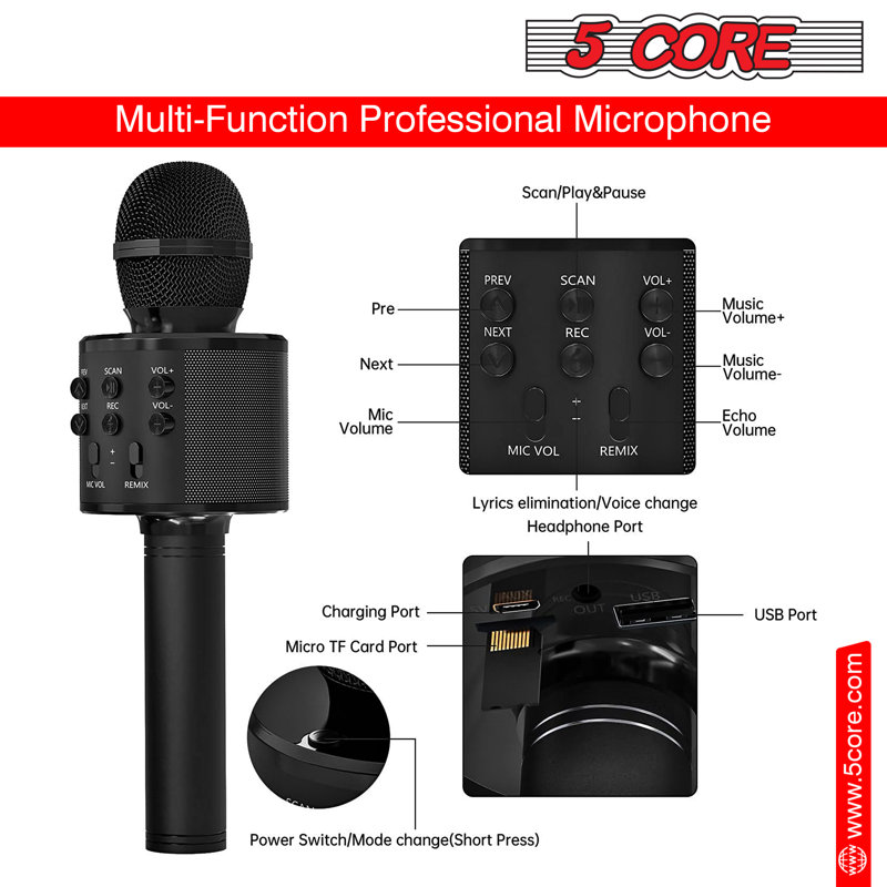 5 Core Bluetooth Wireless Karaoke Microphone All-in-One Portable Handheld Mic with Speaker Recorder Microfono Inalambrico
