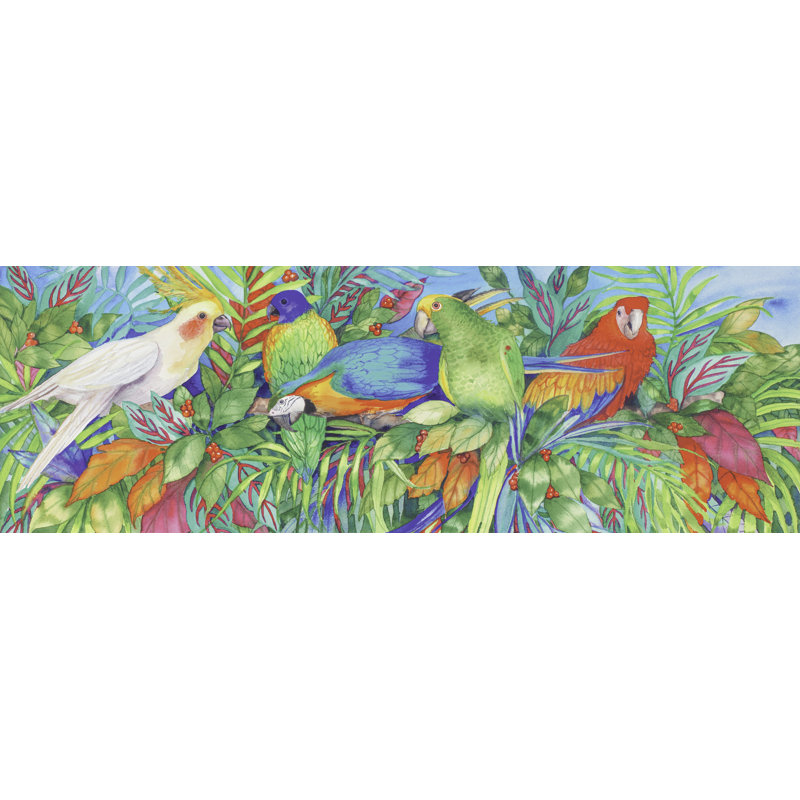 Perroquets peints, rouge, vert et bleu, H 26 po x l 50 po x P 1,5 po
