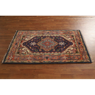 Navy Blue Geometric Traditional Indian Rug 3x5