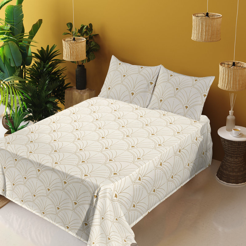 Microfiber Sheet Set, Full Sheet Set with 2 Pillowcases, Light Eggshell/Light Sand Brown Geometric