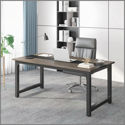 63 Inch Large Modern Computer Desk for Home Office with Heavy Duty Steel Frame, Spacious Desktop, and Adjustable Feet in Rustic Grey & Black