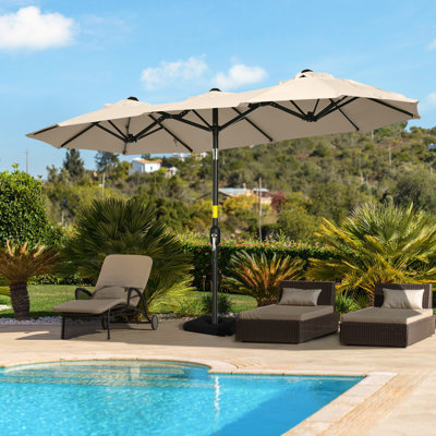 9.5' Large Market Umbrella With Double Canopy And Tilt, Crank, 3 Air Vents, 12 Ribs, Brown, For Outdoor Activity Brown Deck Protection, Tilt Ribs Leis