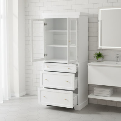 70.1" Modern Tall Bathroom Storage Cabinet - Freestanding With Glass Doors, 2 Adjustable Shelves, 3 Drawers - For Bathroom, Kitchen, Living Room | Gift Idea