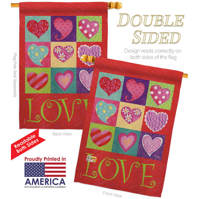 Drapeau de maison «Love Hearts» à 2 côtés en polyester 40 po x 28 po