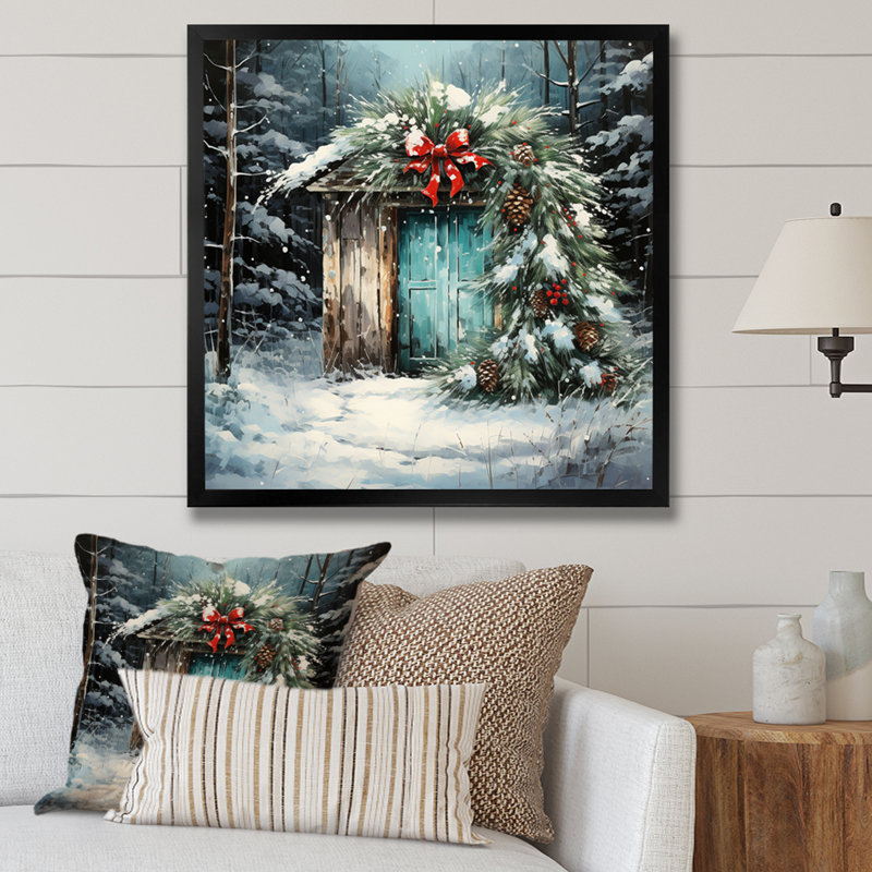 Couronne de Noël verte et hiver II - art mural couronne, H 16 po x l 16 po x P 1 po, Cadre photo blanc