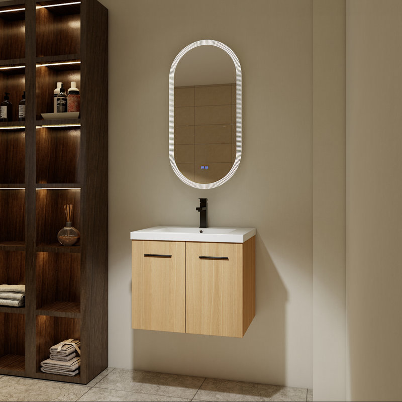Meuble-lavabo flottant 24 po avec lavabo en résine et finition chêne clair