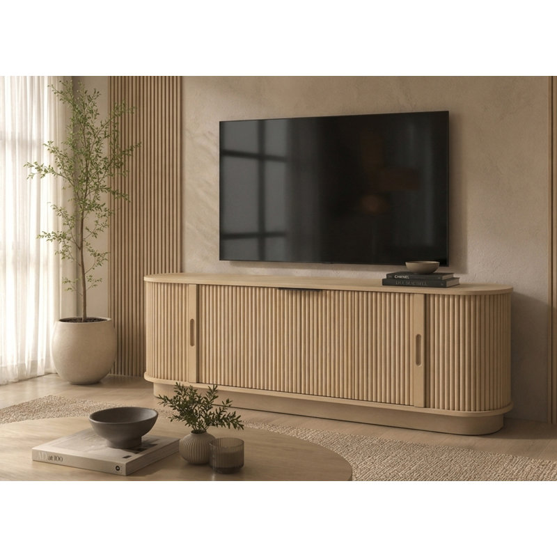 Meuble télé 4 portes à panneau cannelé en chêne clair 70 po Orlina