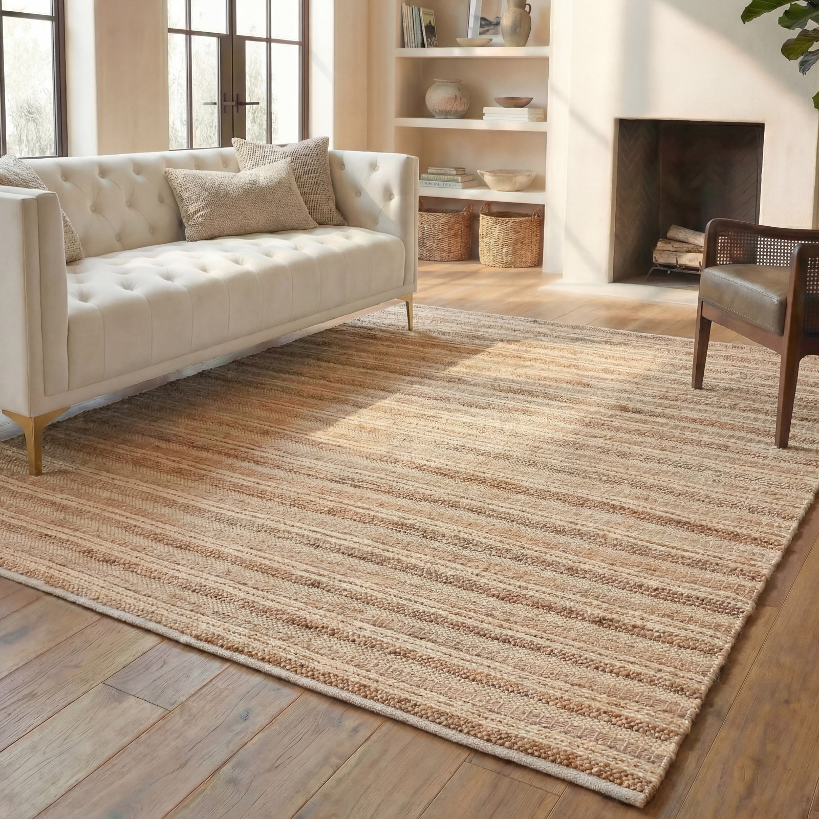 Brown Beige Hand-Woven Striped Wool Rug, Rectangle 8' x 10'