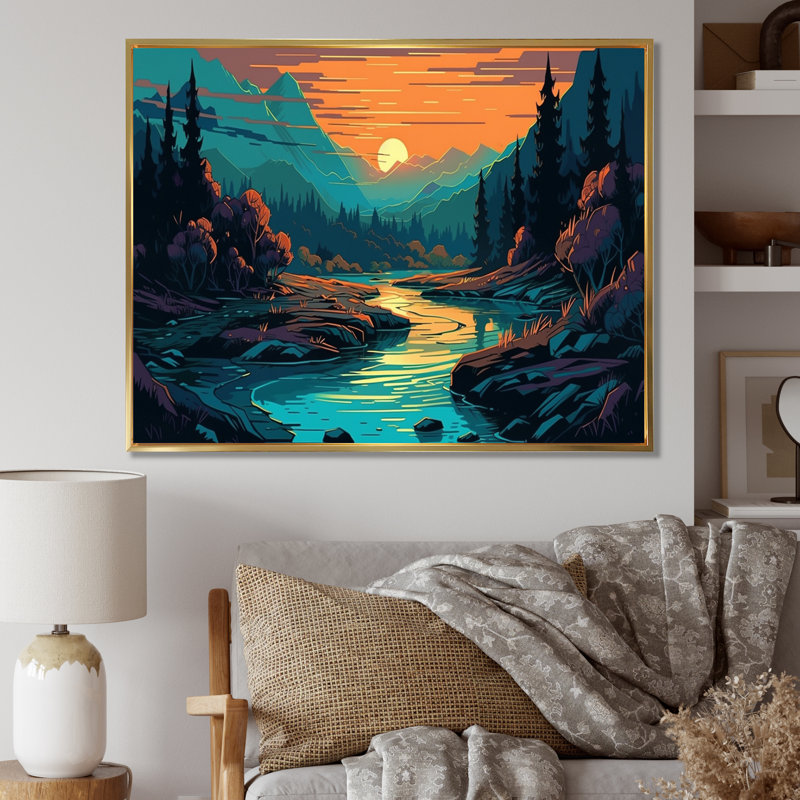 «Vibrant Forest with Sunrise II», reproduction, H 12 po x l 20 po x P 1 po, Cadre flottant doré
