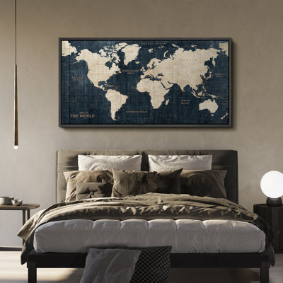 Vintage Blue World Map Educational Home Office Wall Decor Extra Large Pictures Framed Canvas Print Wall Art
