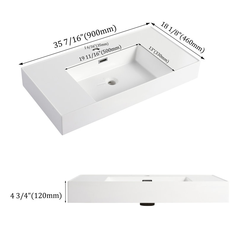 Lavabo de salle de bain en résine 36 po, blanc brillant, profondeur 36,24 po, largeur 17,93 po, hauteur 4,82 po, 46,93 lb