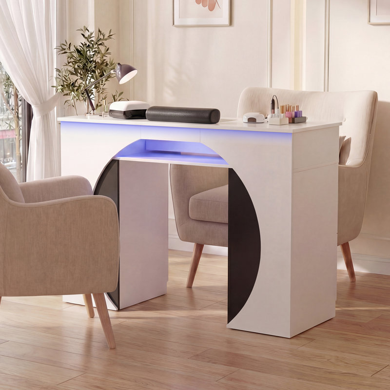 Bureau de manucure bicolore avec grand rangement, lumières DEL intégrées, collecteur de poussière et repose-poignet ergonomique, table multifonctionnelle pour le salon.