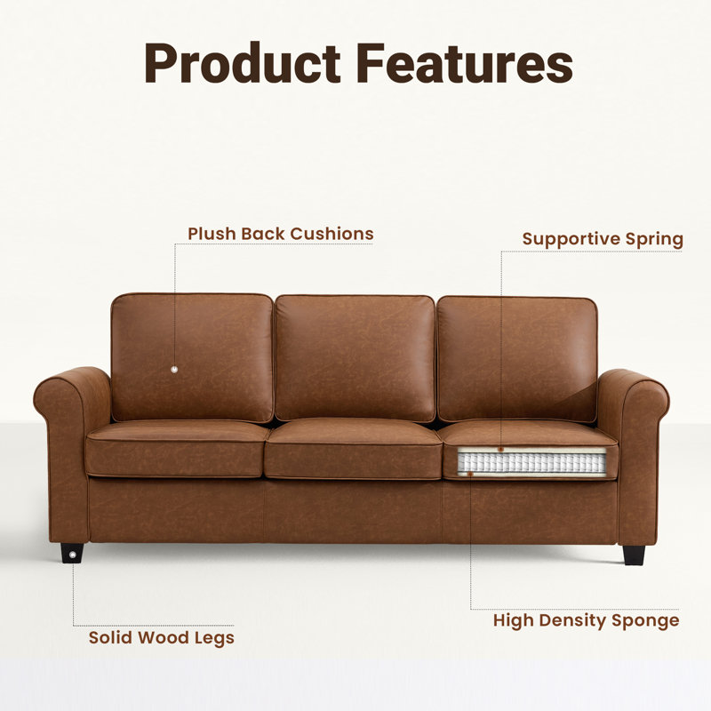 83" W 3 Seater Upholstered Sofa Faux Leather Rolled Arms Couch Mid Century Modern, Brown