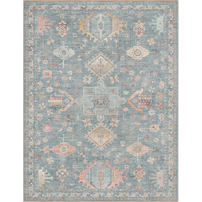 Tapis bleu médaillon Bungalow Rose Aylena, Rectangle 9 pi 10 po x 13 pi