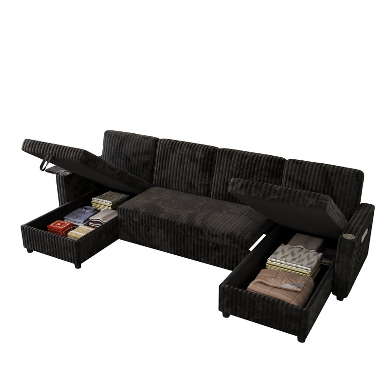 Canapé-lit modulaire en velours côtelé de 110 po en U avec lit escamotable, rangement et ports USB, Velours côtelé noir