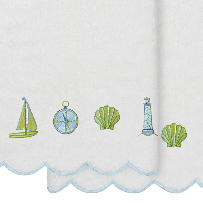  100% Turkish Cotton SEA JOY Scallop 2PC Embellished Bath Towel Set, Bath Towels - 2 Pack, White/Blue