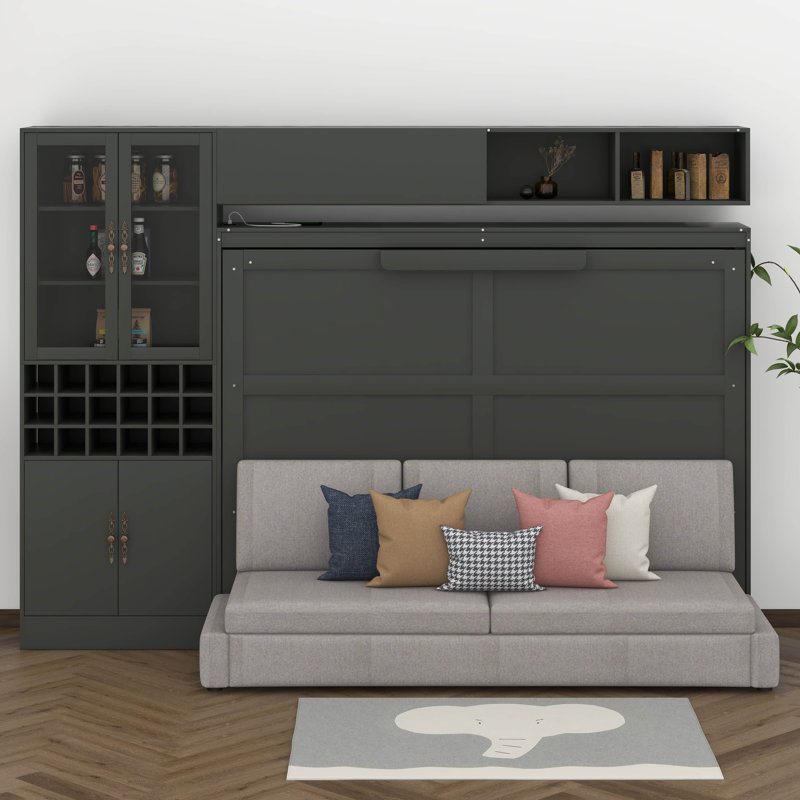 Grand lit escamotable mural avec canapé, tablettes USB et lumière, Gris