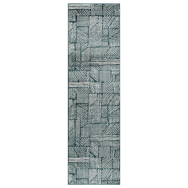 Rambo Geometric Black/Ivory Area Rug, Runner 2' x 7', Teal
