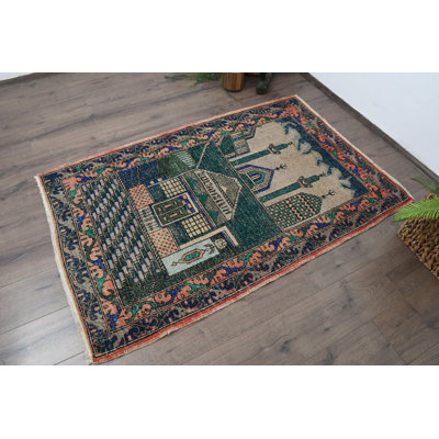 Classic Blue Wool Rug, 39.8x61.8 Inch Geometric Accent Rug
