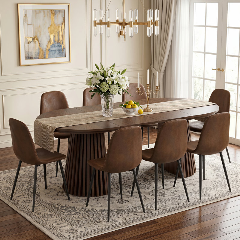 Ensemble de table et de chaises ovales extensibles (39,37" à 70,87") avec dossier haut, Brun, 9 pièces: 8 chaises, table