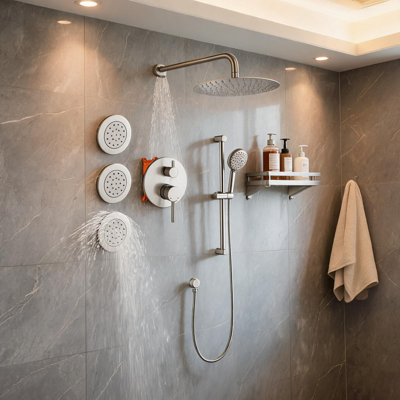 Système de douche mural complet en nickel brossé avec pomme de douche à main et barre coulissante