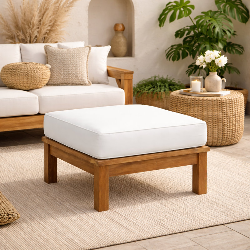 Galvan Solid Wood Teak Outdoor Ottoman, White