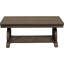 Table basse traditionnelle en chêne foncé avec base à volutes et espace de rangement fonctionnel