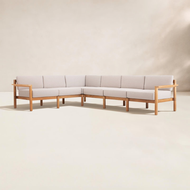 Haven 6-Piece Teak Outdoor Sectional with Sunbrella Cushions and Wooden Armrest in Rust, Sunbrella Ashe