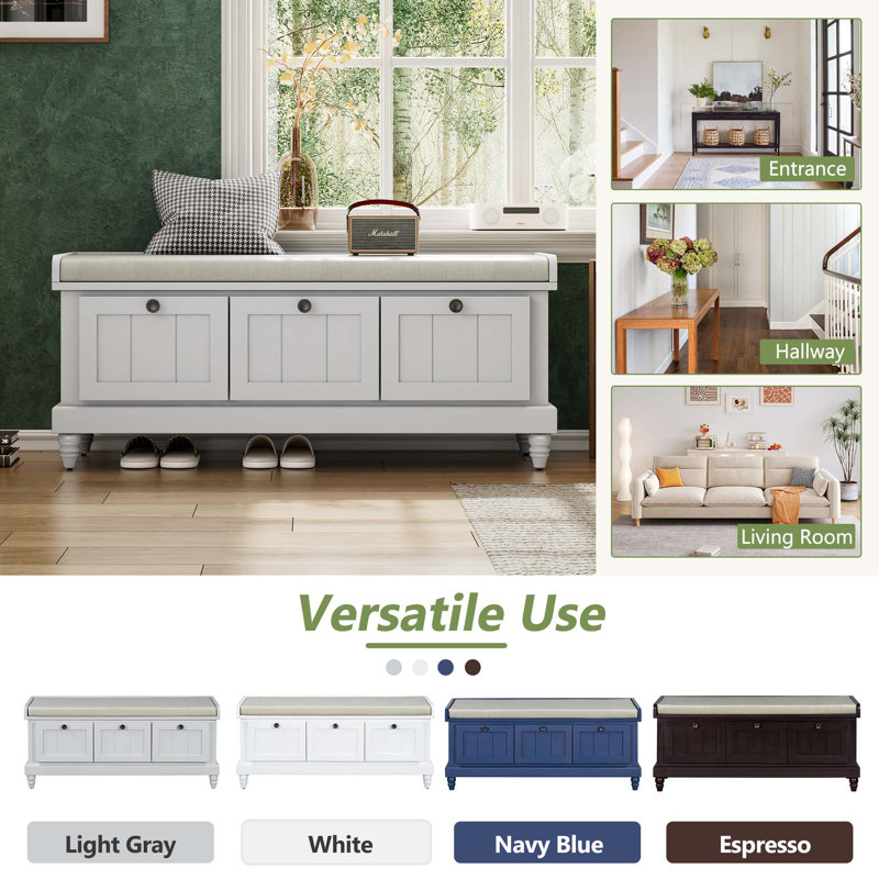 Classic Upholstered 3-Drawer Storage Bench, Light Gray