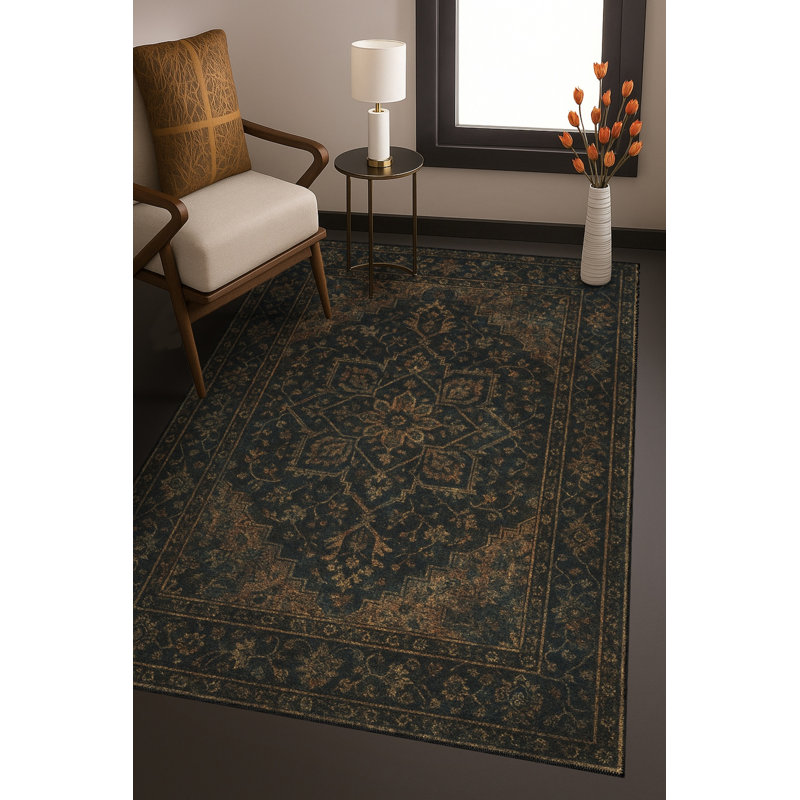 Tapis noir tissé à motif lavable traditionnel Mosso, 2' x 2'11"